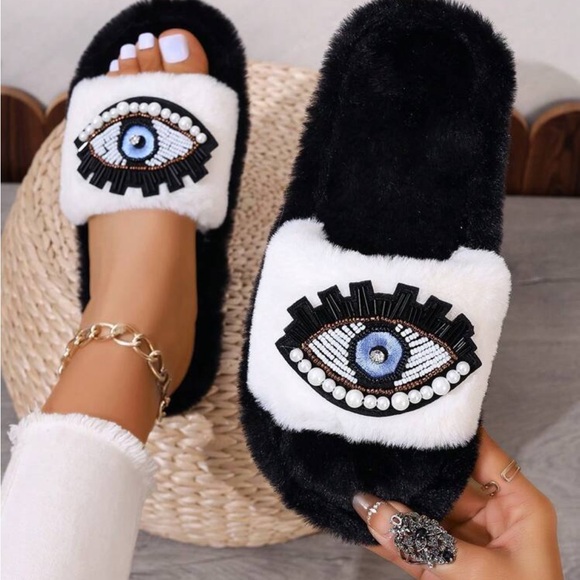 Bejeweled Evil Eye Slippers, Evil Eye Fuzzy Slippers - Picture 1 of 10